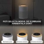Purificator de aer Airbliss pe noptieră noaptea, cu trei imagini care arată modurile de iluminare ambientală: oprit, lumină constantă și lumină intermitentă