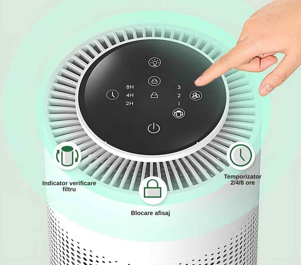 Prim-plan cu panoul touch al purificatorului de aer Airbliss, mână care selectează setări rapide, temporizator și blocare afișaj