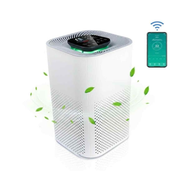 Purificator de aer cu control Wi-Fi prin aplicație pe telefon, prezentat pe fundal alb.