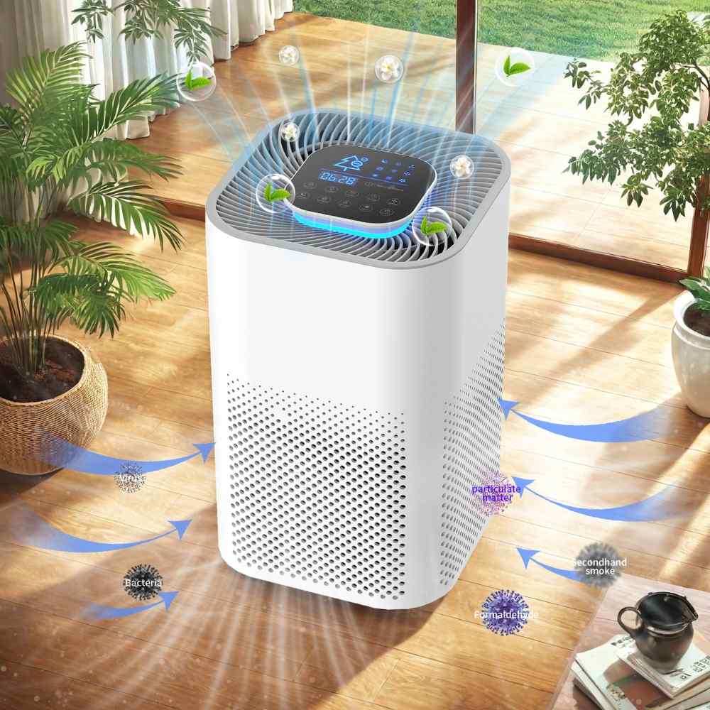 Purificator de aer în cameră luminoasă, cu săgeți care indică circulația aerului și filtrarea particulelor.