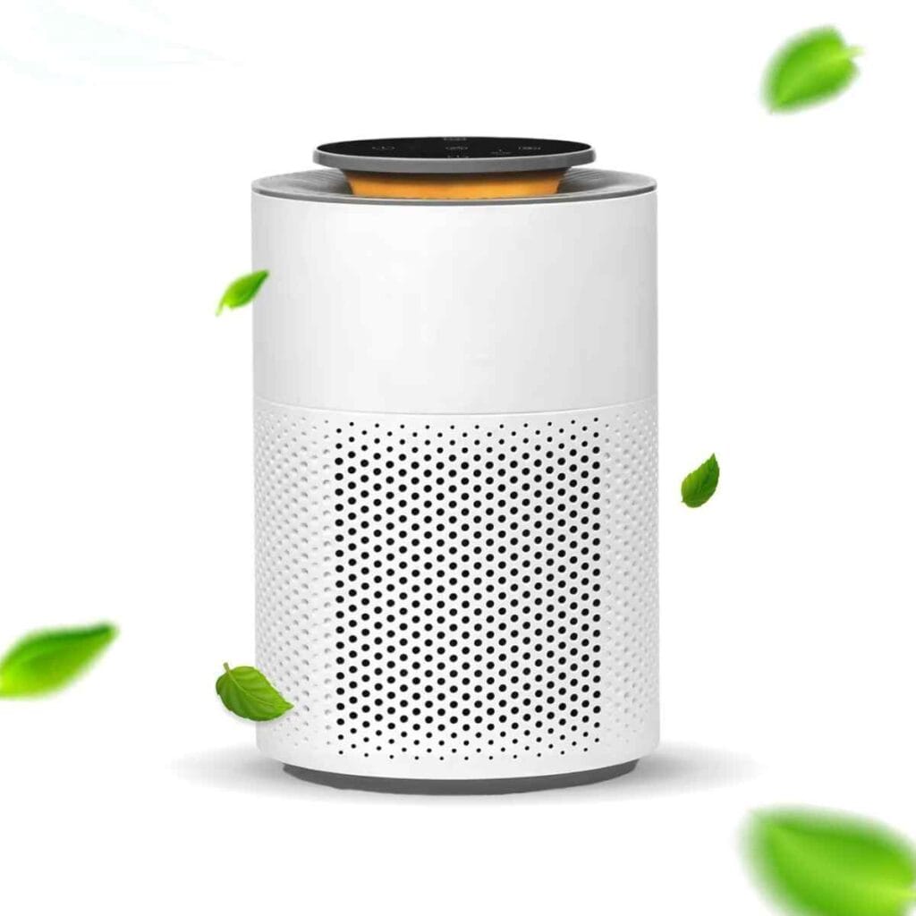 Acasă 8 Purificator de aer Airbliss cu filtru HEPA și frunze verzi care sugerează aer curat
