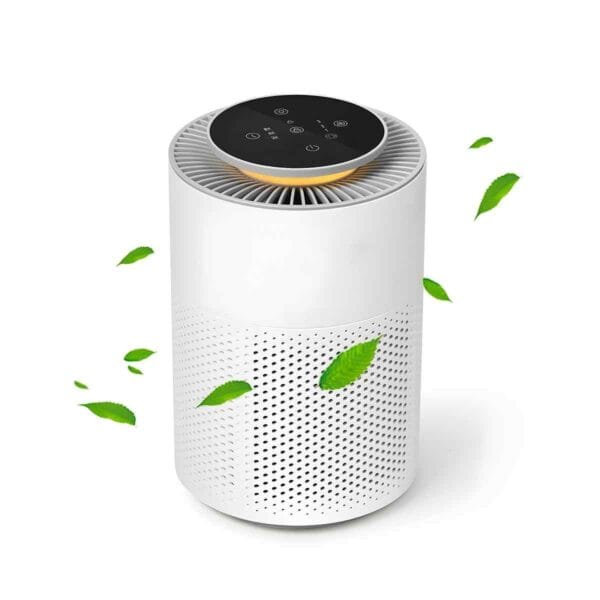 Vedere de sus a purificatorului de aer Airbliss, cu panou tactil rotund și aer curat redat cu frunze verzi