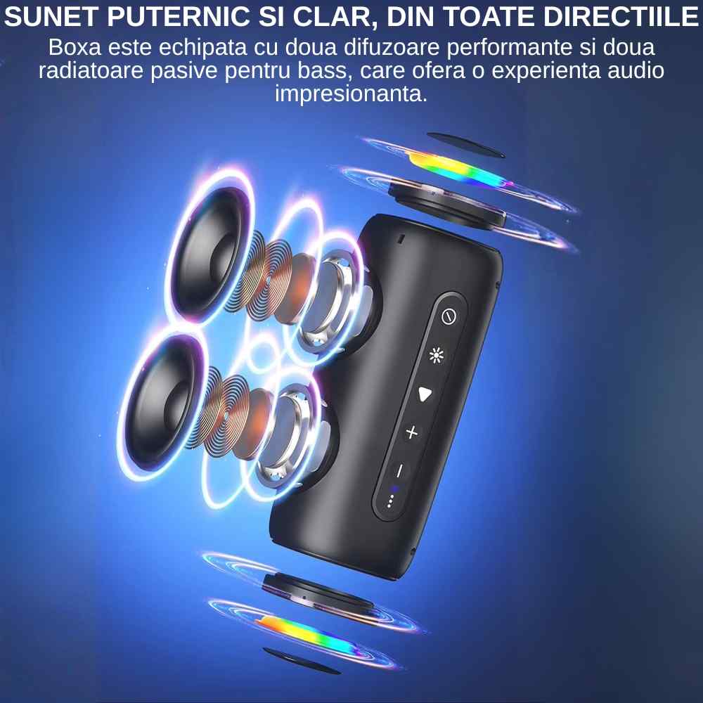 Infografic cu vedere explodată a boxei: două difuzoare și radiatoare pasive pentru bass, pe fundal albastru