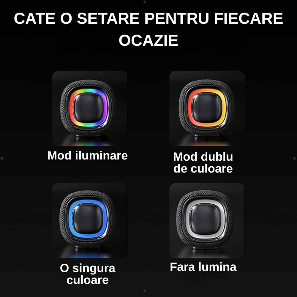 Infografic cu patru moduri de iluminare pentru boxa RGB: iluminare, dublu de culoare, o singură culoare, fără lumină
