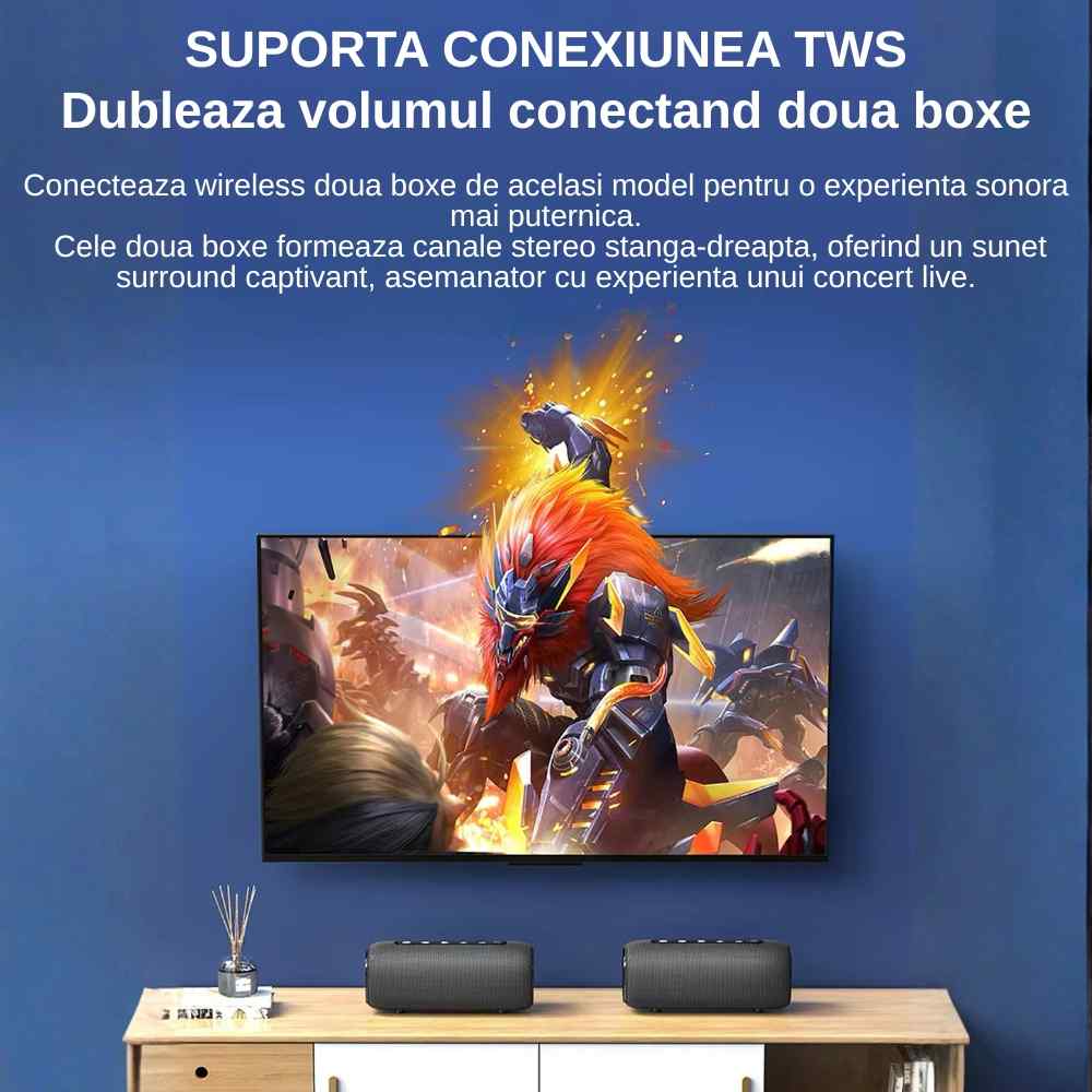 Infografic despre funcția TWS: două boxe identice conectate wireless pentru stereo stânga-dreapta, lângă un televizor