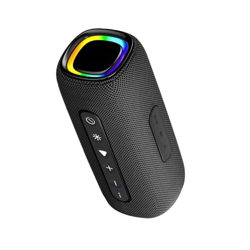 Acasă 2 Boxă portabilă neagră cu inel RGB, poziționată înclinată, cu butoanele de control vizibile