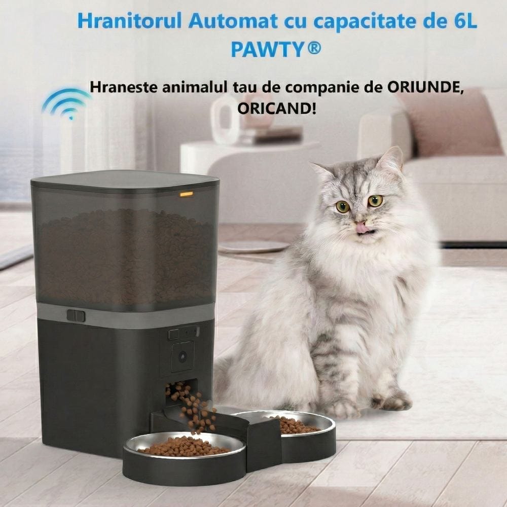 Hrănitor automat PAWTY cu capacitate de 6 litri, prezentat lângă o pisică, pentru hrănire de oriunde și oricând.