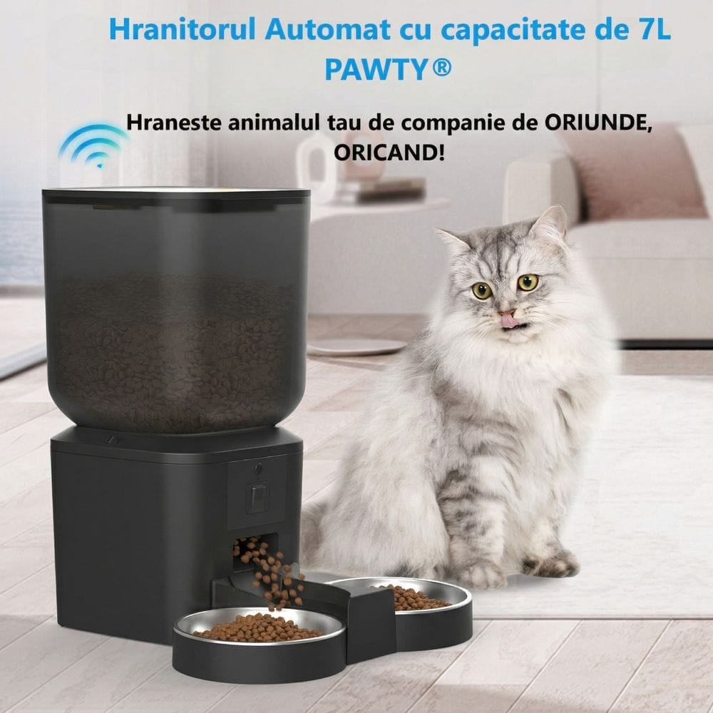 Hrănitor automat PAWTY cu capacitate de 7 litri, ideal pentru hrănirea pisicii de oriunde și oricând.