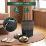 Hrănitor automat PAWTY cu alimentare duală prin baterii AA și cablu USB-C pentru funcționare continuă.