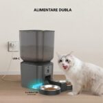 Hrănitor automat PAWTY cu alimentare dublă prin USB-C și baterii AA, pentru funcționare continuă chiar și în caz de pană de curent.
