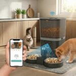 Hrănitor automat PAWTY cu cameră video, control din aplicație și două boluri, folosit pentru hrănirea câinilor și pisicilor.