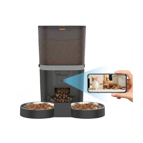 Hrănitor automat PAWTY pentru pisici și câini, cu cameră video integrată, două boluri și monitorizare din aplicație.