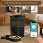 Hrănitor automat PAWTY ilustrat pentru utilizare la birou, în vacanță, în drumeție sau pentru planificarea meselor.