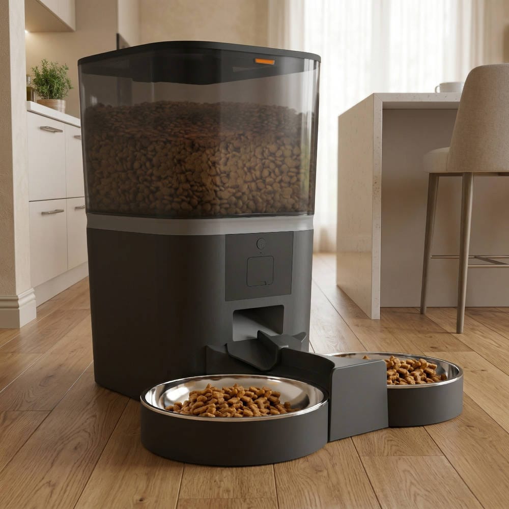 Hrănitor automat PAWTY cu două boluri din inox, amplasat într-o bucătărie modernă.