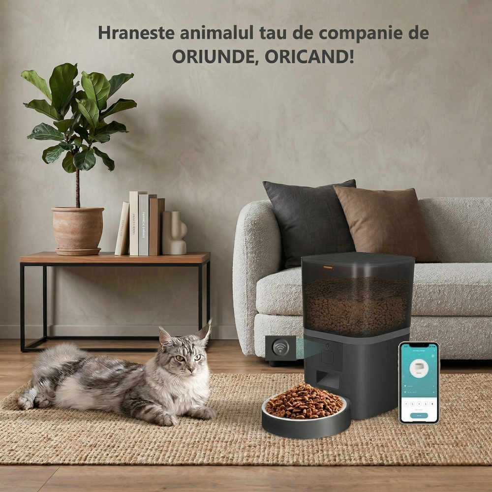Hrănitor automat PAWTY cu alimentare din aplicație, prezentat într-un living modern pentru hrănirea de la distanță.
