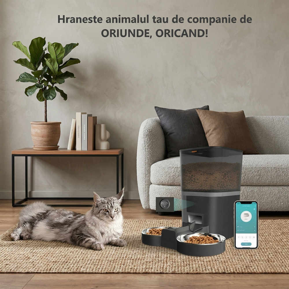 Hrănitor automat PAWTY pentru pisici, controlat de la distanță prin aplicație, utilizat în living.