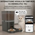 Hrănitor automat PAWTY cu funcție de voce în timp real, ilustrat lângă o pisică și telefonul cu aplicația deschisă.