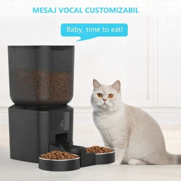 Hrănitor automat PAWTY pentru pisici, cu funcție de mesaj vocal personalizat și două boluri pentru hrană uscată.