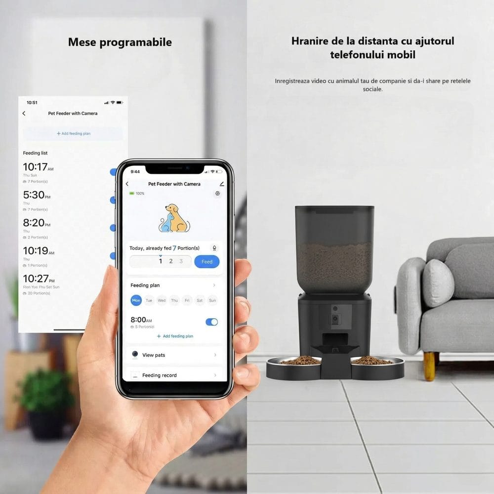 Hrănitor automat PAWTY cu mese programabile din aplicație și control de la distanță de pe telefonul mobil.