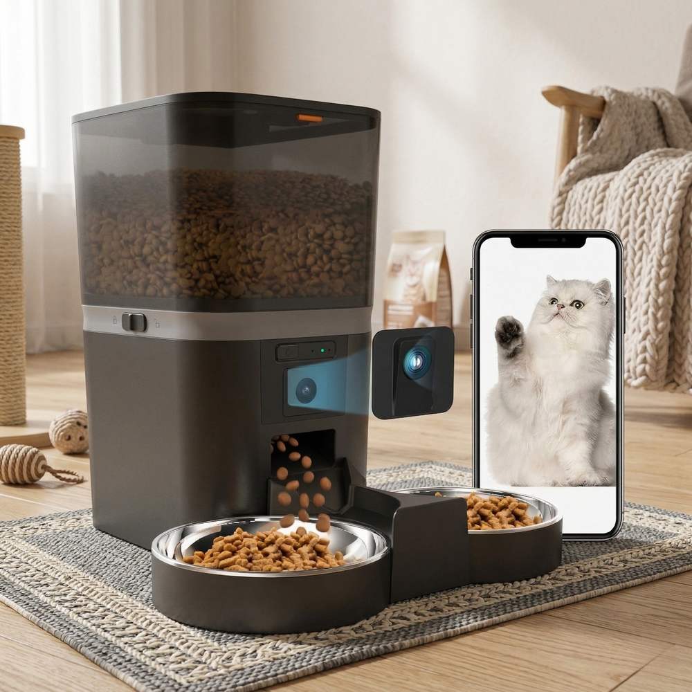 Hrănitor automat PAWTY cu cameră și aplicație mobilă, fotografiat într-un living, alături de telefon și boluri duble.