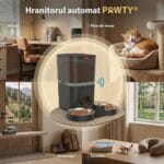 Colaj cu hrănitorul automat PAWTY, evidențiind utilizarea pentru plan de mese acasă, la birou, în vacanță sau în deplasare.