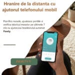 Hrănitor automat PAWTY cu aplicație mobilă pentru planificarea meselor, ajustarea porțiilor și verificarea istoricului de hrănire.