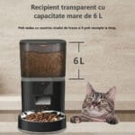 Hrănitor automat PAWTY cu rezervor transparent de 6 litri, prezentat alături de o pisică pentru evidențierea capacității mari de stocare.