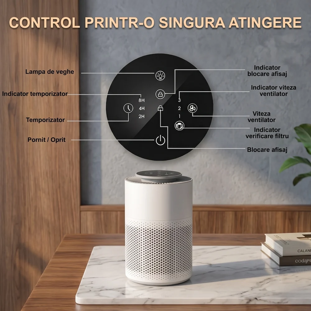 Purificatorul de aer AirBliss permite setări rapide printr-o simplă atingere, inclusiv verificare filtru, blocare afișaj și temporizator 2/4/8 ore.