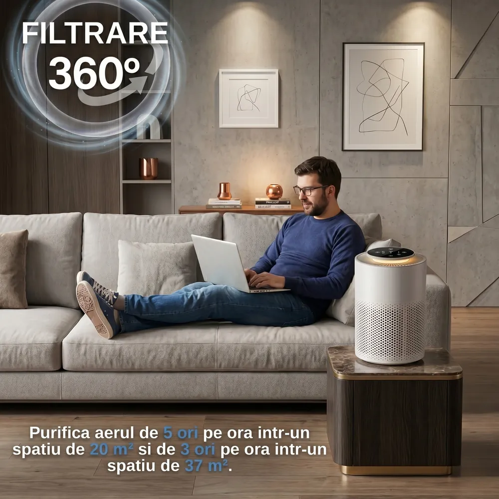 Purificatorul de aer AirBliss cu filtrare 360° purifică aerul de 5 ori pe oră într-un spațiu de 20 m² și de 3 ori pe oră într-un spațiu de 37 m².