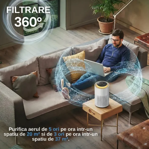 Purificatorul de aer AirBliss oferă filtrare 360° și purifică aerul de 5 ori pe oră într-un spațiu de 20 m² și de 3 ori pe oră într-un spațiu de 37 m².