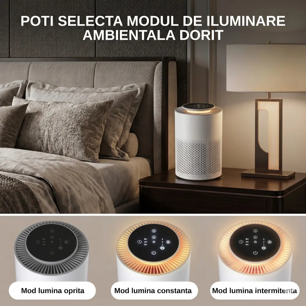 Purificatorul de aer AirBliss permite selectarea modului de iluminare ambientală dorit: lumină oprită, lumină constantă sau lumină intermitentă.