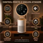 Purificatorul de aer AirBliss oferă control tactil pentru temporizator 2/4/8 ore, lumină de veghe, viteză ventilator, indicator filtru, alimentare și blocare afișaj.
