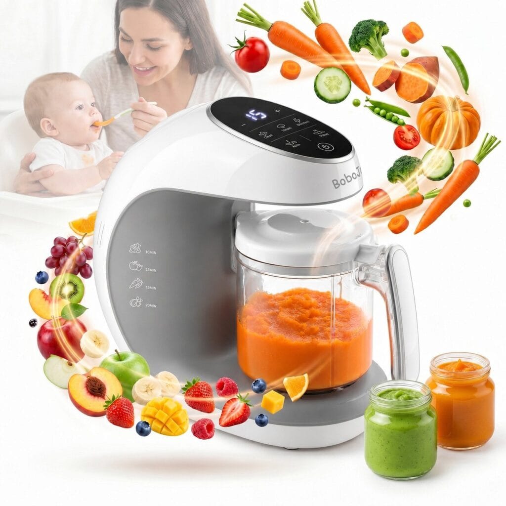 Aparat preparare mâncare bebeluși BoboJoy cu funcție de gătire la abur și mixare, alături de fructe și legume