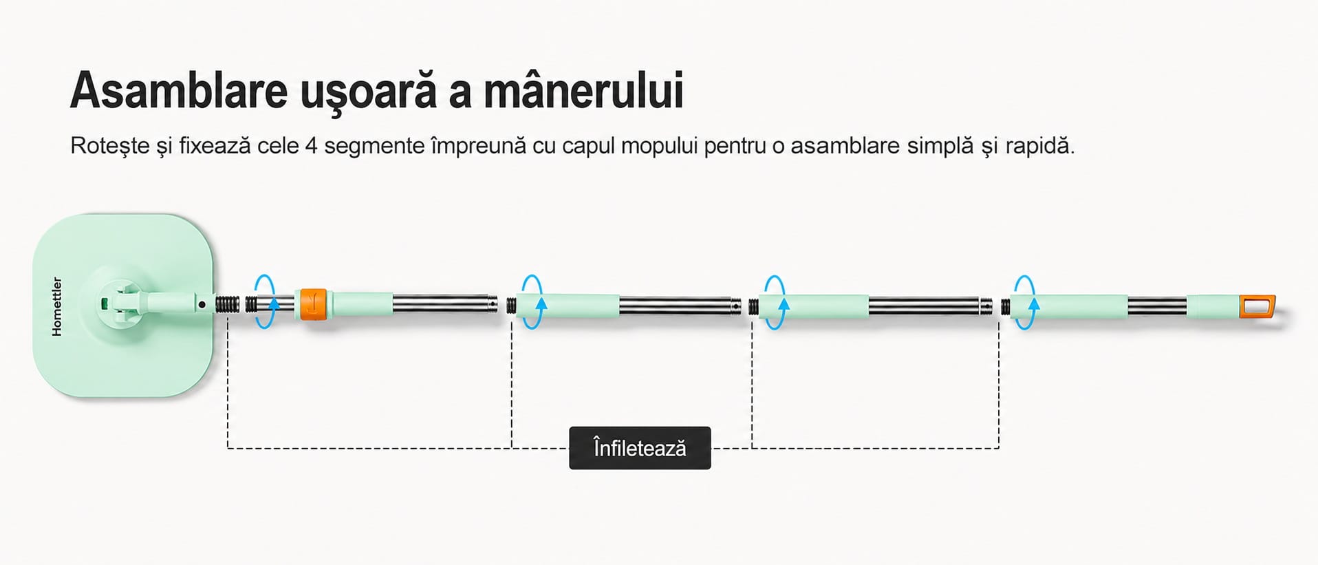 Asamblare ușoară a mânerului pentru mop rotativ Homettler
