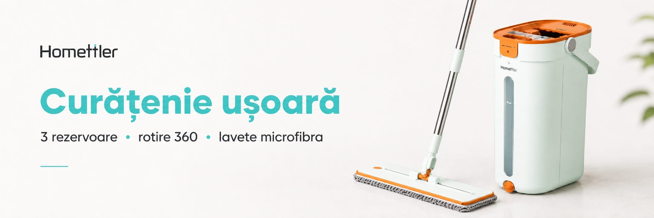 Banner Homettler cu set mop plat și găleată portabilă, 3 rezervoare, rotire 360 și lavete din microfibră.