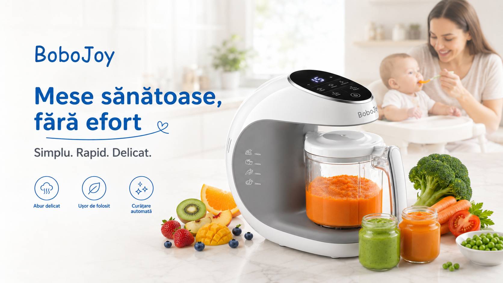 Aparat pentru prepararea mâncării bebelușului BoboJoy 1 BoboJoy aparat pentru prepararea hranei sănătoase pentru bebeluși, cu gătire la abur și mixare automată