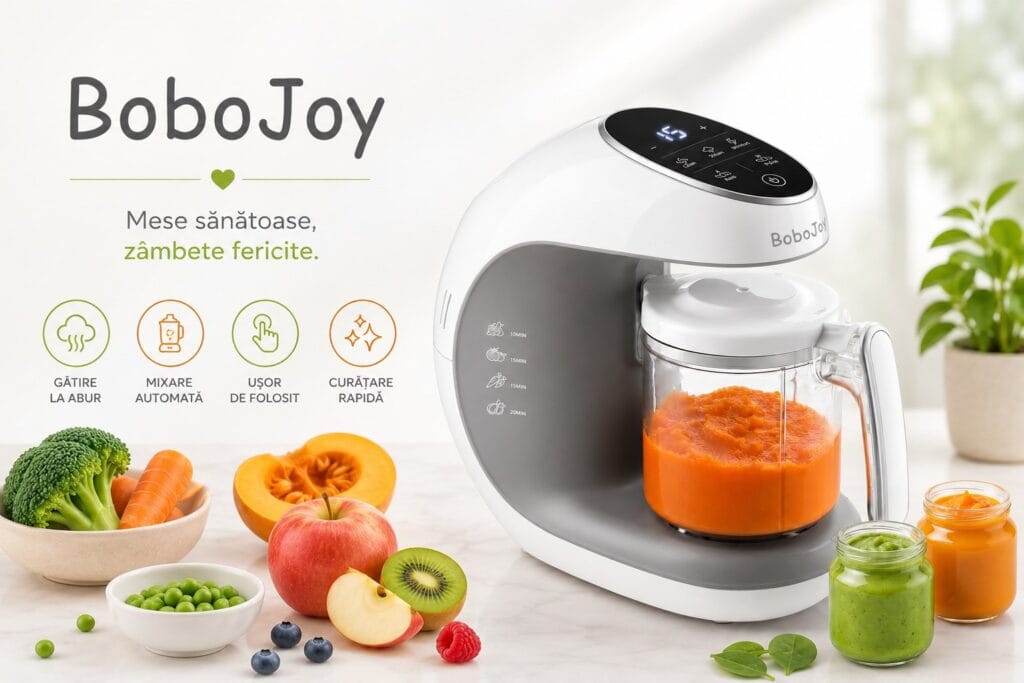 Aparat pentru prepararea mâncării bebelușului BoboJoy 4 BoboJoy aparat pentru prepararea hranei bebelușilor, cu gătire la abur și mixare automată