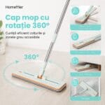 Cap de mop plat cu rotație 360°, revenire la 45° pe ambele părți, racletă pentru apă și acces în zone greu de curățat.