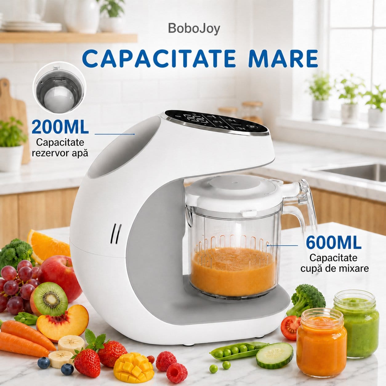Aparat pentru prepararea mâncării bebelușului BoboJoy 2 Capacitate mare BoboJoy cu rezervor de apă de 200 ml și cupă de mixare de 600 ml