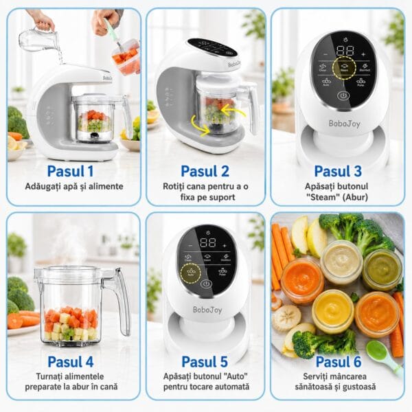 Pașii de utilizare ai aparatului BoboJoy pentru prepararea mâncării sănătoase pentru bebeluși