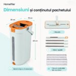 Dimensiuni găleată 40 x 26 x 19 cm, mop plat, mâner reglabil și 2 lavete reutilizabile din microfibră.