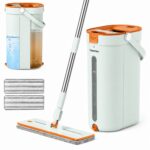 Set mop plat Homettler cu găleată portabilă, sistem cu 3 rezervoare, mop cu mâner reglabil și lavete reutilizabile din microfibră.