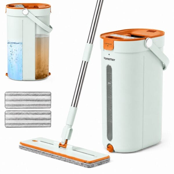 Set mop plat Homettler cu găleată portabilă, sistem cu 3 rezervoare, mop cu mâner reglabil și lavete reutilizabile din microfibră.