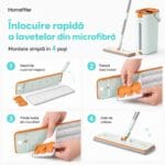 Instrucțiuni pentru montarea simplă a lavetelor din microfibră pe mopul plat, în 4 pași rapizi.