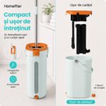 Set mop compact Homettler, ușor de depozitat, cu cârlig pentru agățare, corp detașabil și dopuri de scurgere.
