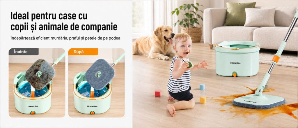 Mop rotativ Homettler ideal pentru case cu copii și animale de companie