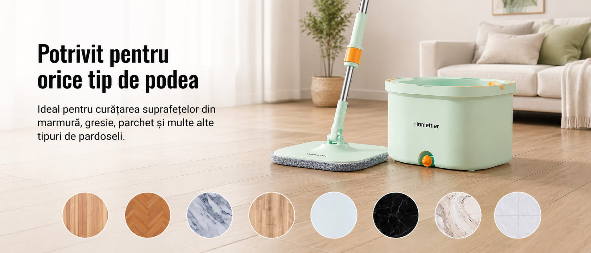 Mop rotativ Homettler potrivit pentru gresie, parchet, marmură și alte podele