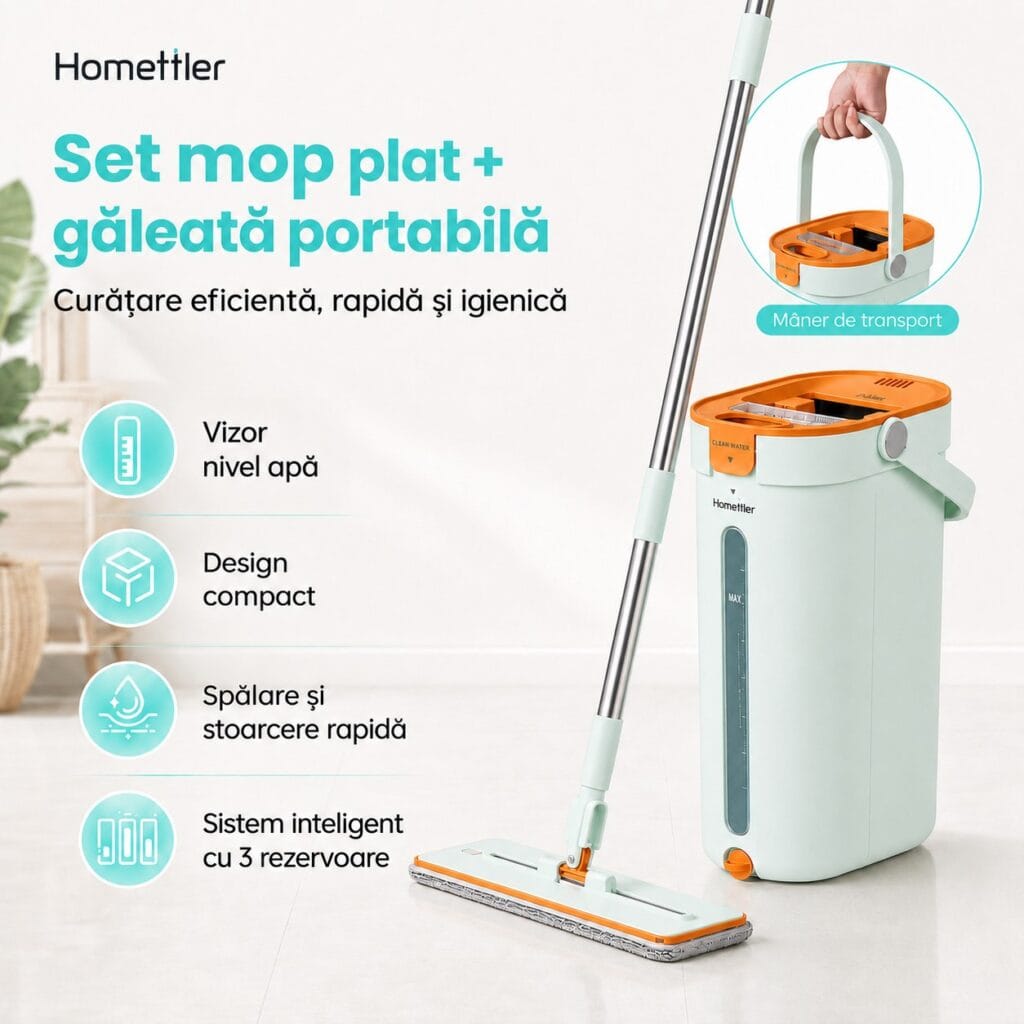 Mop plat cu găleată portabilă Homettler, vizor nivel apă, design compact, stoarcere rapidă și sistem cu 3 rezervoare.
