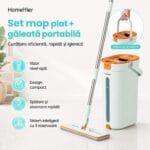 Mop plat cu găleată portabilă Homettler, vizor nivel apă, design compact, stoarcere rapidă și sistem cu 3 rezervoare.