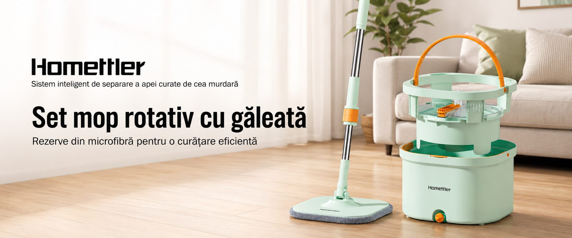 Set mop rotativ cu găleată portabilă Homettler pentru curățenie eficientă